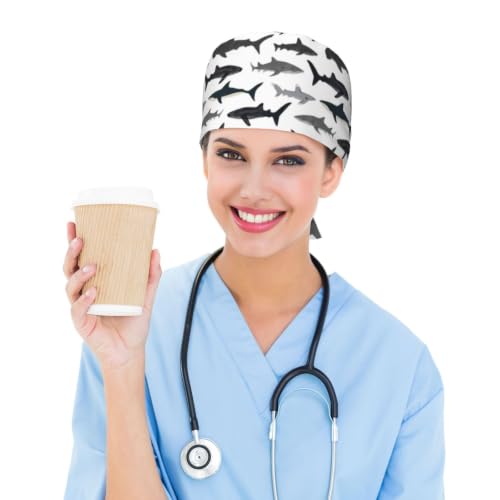 Image of Cute Pug Dog Print Working Cap Scrub Cap with Sweatband,Adjustable Fashion Bandage Tie Back Hat Headwear for Women Men
