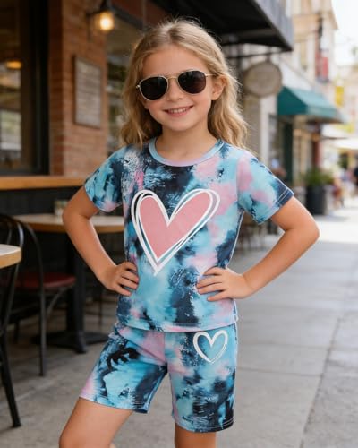 Image of Kids Girl Clothes Tie Dye Heart Print Short Sleeve Top and Shorts Toddler Girl Summer Outfits Short Set