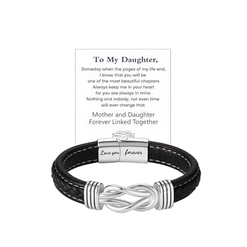 Mother And Daughter Forever Linked Together Braided Leather Bracelet, Stainless Steel Infinite Knot Engraved Leather Inspirational Wristband Daughter Gift From Mom