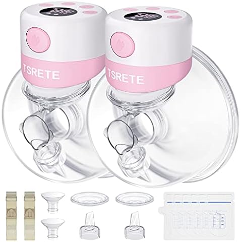 TSRETE Breast Pump, Double Wearable Breast Pump, Electric Hands-Free Breast Pumps with 2 Modes, 9 Levels, LCD Display, Memory Function Rechargeable Double Milk Extractor-21/24mm Flange, Pink Cover