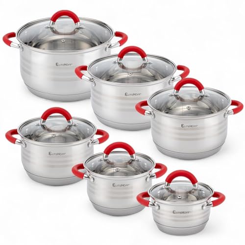 EliteHoff Topfset Induktion 12-teilig, Kochtopf Set mit Glasdeckeln und Silikongriffen, 7-lagiger Edelstahl Topf Set Induktionsgeeignet, Kochgeschirr Set für alle Herdarten, Silver/Rot (E-4028) EliteHoff Topfset Induktion 12-teilig, Kochtopf Set mit Glasdeckeln und Silikongriffen, 7-lagiger Edelstahl Topf Set Induktionsgeeignet, Kochgeschirr Set für alle Herdarten, Silver/Rot (E-4028)