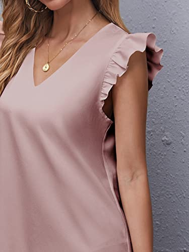 Image of Floerns Women's Solid V Neck Ruffle Trim Cap Sleeve Summer Tunic Dress