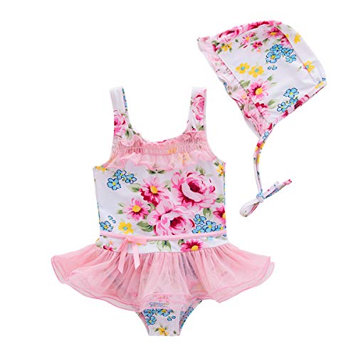 LXKIKMM Infant Toddler Girls Swimwear Flowers Ruffles Romper Swimsuit Short Sleeve One Piece Swimsuit Pink