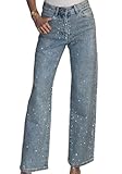 VJMVJM Women's Straight Leg Rhinestone Jeans Loose Fit Boyfriend Diamond Studded Shiny Trendy Stretchy Denim Pants Blue