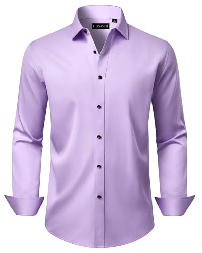 Lusead Mens Lavender Dress Shirt Long Sleeve Wrinkle Free Formal Easter Prom Church Outdoor Dinner Button Up Shirts for Men