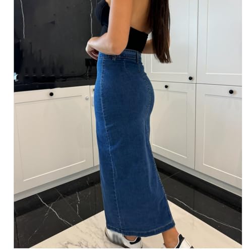 Womens Button-Down Denim Skirts Casual Side Slit Knee Length Stretch Jean Skirts2