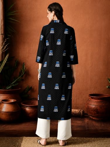 Image of Amazon Brand - Tavasya Women Ethnic Motifs Printed 3 /4th Sleeve Kurta | Straight Fit Shirt Collar Salwar | Everyday Ethnic Wear