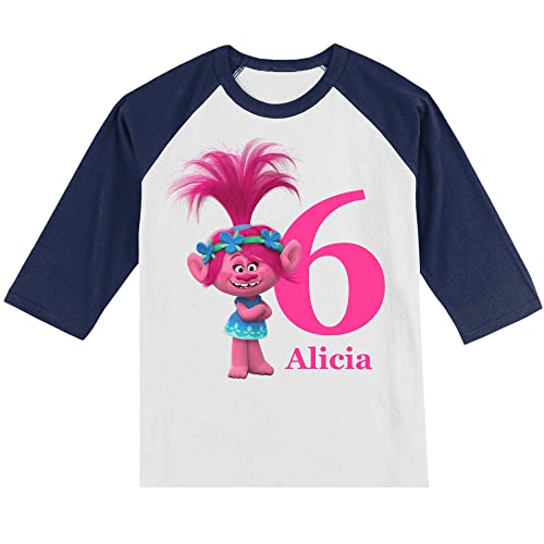 Personalized Troll Birthday Shirt for Girls | Handmade Decorated Shirt | Personalized with Name and Age | Unisex 3/4 Sleeve Raglan T-Shirt | #11483