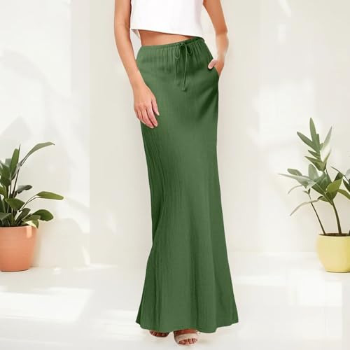 Beach Vacation Clothes for Women Trendy Summer Boho Linen Drawstring Waist Dresses Casual A Line Flowy Maxi Skirts2