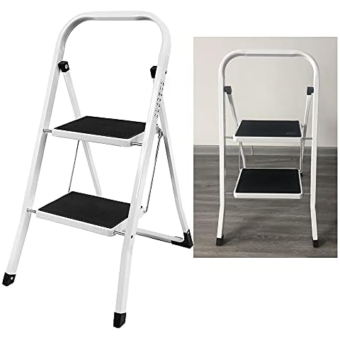 Safety Folding Step Stool | 2 Step Ladder | Portable Foldable Stepladder | Anti Slip Feet, Strong Sturdy Steel, 150KG Max Capacity, Ideal for Home/Kitchen/Garage Cover