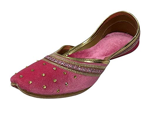 Step n Style Women Flat Velvet Khussa Shoes Punjabi Jutti Rajasthani Mojari Sandals Pink