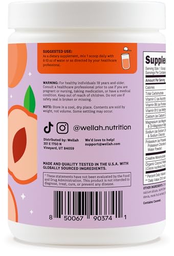 Image of Wellah Creatine + Electrolytes Powder (White Peach Nectarine) 30 Servings - Hydration Drink Mix with 3g of Creatine Monohydrate