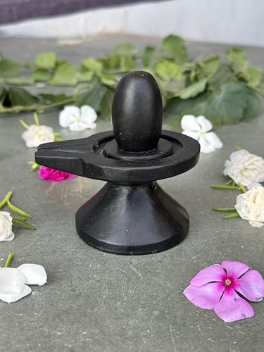 Image of Shivam VASTU AKAL 1.5 inch Original Narmadeshwar Narmada Shivling with 3 inch Narmada Stone Yoni Base Jaladhari (Black Shivling, Black Damtu Jaladhari)