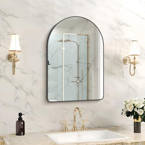 Image of FORBATH Arched Bathroom Mirror 16x24 Inch, Black Bathroom Mirror Wall Mounted Modern Aluminum Alloy Frame Arch Mirror for Bedroom Living Room Entryway, Hanging or Leaning Against Wall