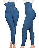 Popilush High Waisted Compression Leggings for Women Tummy Control Corset Shapewear Waist Trainer Summer Workout Yoga Pants with Hook Blue XL