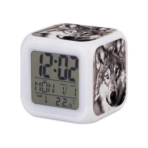 Fabulous Réveil Cube Lumineux Blanc - Dessin Tete De Loup Animal Sauvage Noir Et Blanc Art - 7,8 x 7,8 x 7,8 cm - Retro Éclairage Multicolore LED