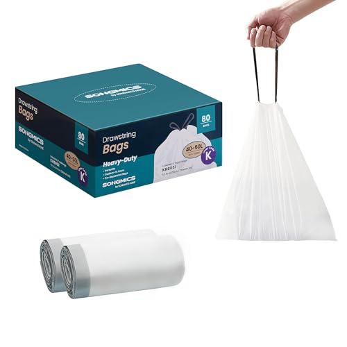 SONGMICS Trash Bags for 13-Gallon (50 L) Trash Cans, Drawstring Kitchen Garbage Bags, Pre-Separated, Quick-Dispense Box, Liner Code K, 2 Rolls, 80 Cou