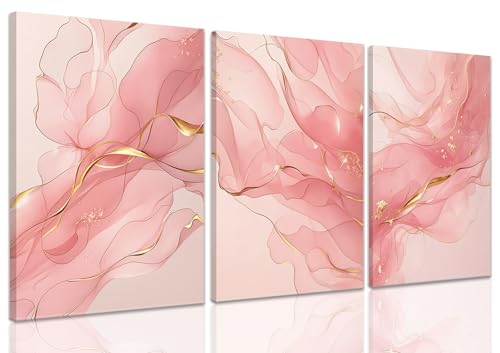 Fetyiu 3 Piece Pink Canvas Wall Art Pink And Gold Abstract Art Prints Modern Minimalist Pictures Wall Decor Marble Paintings Artwork for Living Room Bedroom Bathroom Office 12x16in Framed