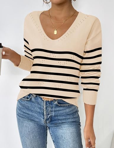 Zeagoo Fall Sweaters For Women Lightweight Striped Long Sleeve Sweaters Drop Shoulder Pullover Tops Apricot Sriped M thumb #1