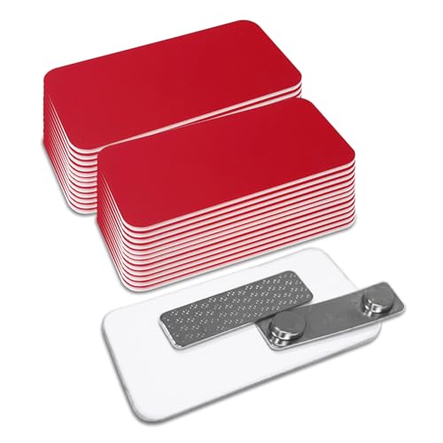 Red Name Tag Blanks – 25 Pack, 1.5' x 3', Round Corners, DIY Engravable Plastic Badges with Magnetic Backing – All Quality Badges