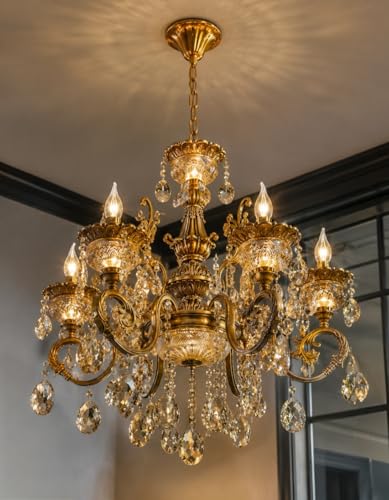 Image of Modern Contemporary Glass Chandelier Ceiling Lighting Lamp Hanging Chandelier, 6-Light Antique Gold Finish Light with Bulbs