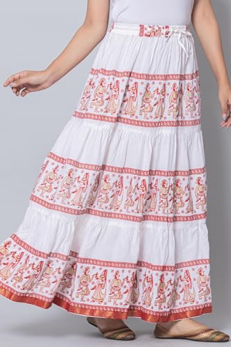 Image of Women's Cotton Printed Long Skirt | Ethnic Folk Print Tiered Maxi Skirt for Women | Elastic Waist Flared Boho Skirt | Traditional Casual for Women