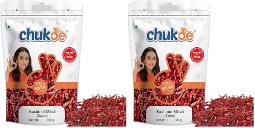 Image of Chukde - Kashmiri Lal Mirch Sabut - Chilli Stemless Whole - Whole Spice for Cooking, Flavoring, and Garnishing Indian Dishes - Ideal For Curries, Gravy, Pickles, and More - 100 Gram (Pack of 4)