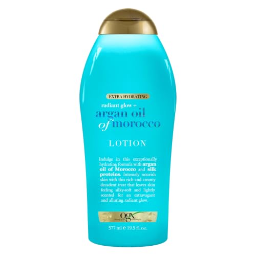 OGX Radiant Glow + Argan Oil of Morocco Extra Hydrating Body Lotion for Dry Skin Nourishing Creamy Body & Hand Cream for Silky Soft Skin Paraben-Free Sulfated-Surfactants Free 19.5 Ounce