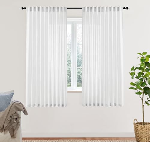 Image of XTMYI White Back Tab /Hook Belt Linen Cotton Sheer Curtains for Bedroom White 63 Inches Long,2 Panels