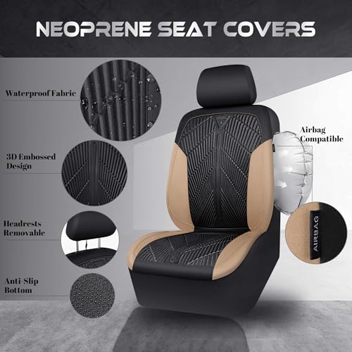 Image of CAR PASS Waterproof Black Beige Car Seat Covers Front Seat Covers Neoprene Wetsuit,All-Weather Non-Slip Durable,Universal Fit for SUV Sedans Trucks Automotive,Airbag Compatible,3D Emboss Black Beige