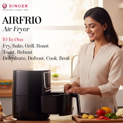 Image of SINGER Electric Airfrio Air Fryer 1350W | 4.4L Basket | 100% Oil-Free Cooking | Digital Display | 10-in-1 Functions | 360 High-Speed Air Circulation | ISI Certified | 2 Years Warranty