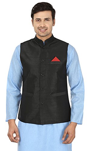 Chaleco Nehru de seda negro XL que soluciona la falta de originalidad en trajes masculinos