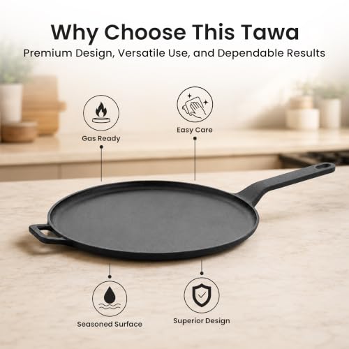 Image of HomeEssentials Non-Stick 28cm Cast Iron Dosa Tawa with Silicone Handle | Non-Stick Cooking & Serving Pan for Dosa, Chapati, Roti, Pizza, Pancakes, Omelets and Daily Cooking