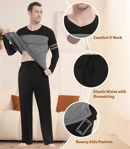 Image of NACHILA Mens Pajamas Set Viscose Made from Bamboo V Neck Top Sleep Pants | Elastic Waist with Drawstring,Soft ,Tagless Comfort,Moisture Wicking,All season Loungewear Set, Jogger Sweatpant,Match set