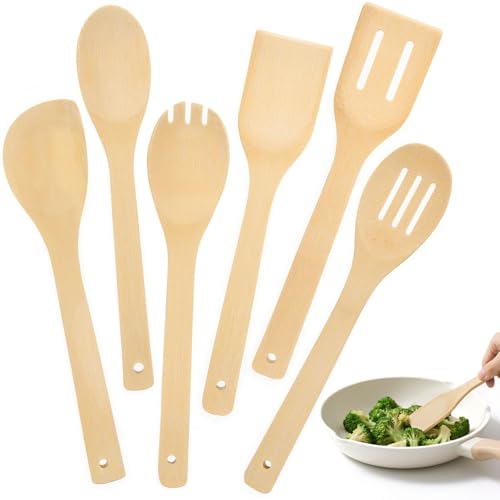 HAKSEN Bamboo Wooden Spoons for Cooking 6-Piece, Nonstick Bamboo Kitchen Utensils Set Wood Spatulas Spoons for Daily Use, Housewarming Gifts