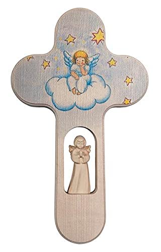 OVUNQUE PROTEGGIMI Crucifix pour chambre d'enfant avec ange en bois fabriqué à la main en Val Gardena hauteur 18 cm – Idée cadeau pour naissance baptême (modèle ange sur le nuage)