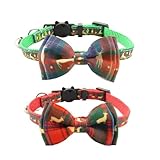 猫 首輪 ネコ 猫用 首輪 子犬 迷子札付き リボン付き 鈴付き セーフティバックル 可愛い 調整可能 軽量 ペット首輪 2個セット (クリスマス鹿)