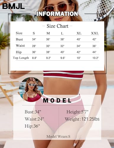 Image of BMJL Women's High Waisted Bikini Ribbed Two Piece Swimsuit High Cut Color Block Adjustable Straps Bathing Suit