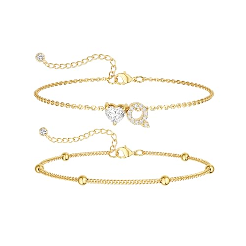 Image of NECOCY Initial Heart Diamond Anklets for Women Waterproof, Non Tarnish 14k Gold Plated Letter Ankle Bracelets Dainty, Summer Beach Bikini Jewelry Gifts for Women