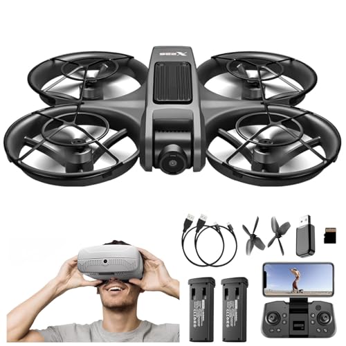 Drone with VR Goggles Headset, First-Person View, 1080P Camera for Beginners FPV Quadcopter, 360° Flip, Brushless Motor, Optical Flow Hovering, Speed Control, Propeller Guards, One-Key Takeoff/Landing, Propeller Guard, Remote Control Helicopter and Airplane for Beginners, With 2 Batteries