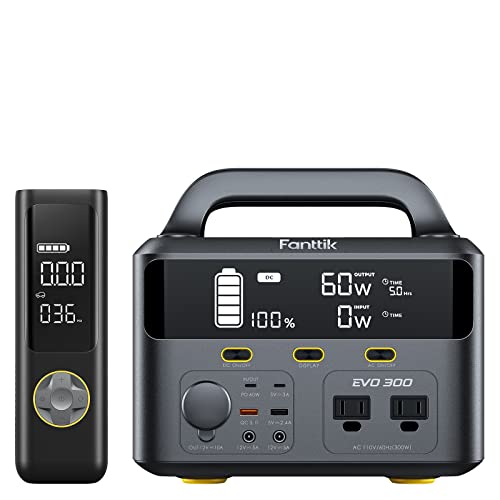 Fanttik EVO 300 Portable Power Station, 299Wh Backup Power Supply, Real-Time Monitoring, 2 AC 110V/300W(Peak 600W) Pure Sine Wave Outlets, for Outdoors Camping Travel Hunting RV Emergency