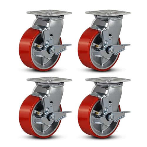 FOVERSWIVE 5"x2" Industrial Casters- Heavy Duty casters,Polyurethane Casters Wheel,Capacity up to 4000 Lb. Use for Platform Truck, U-Boat Cart,Workbenches(4 Brake)