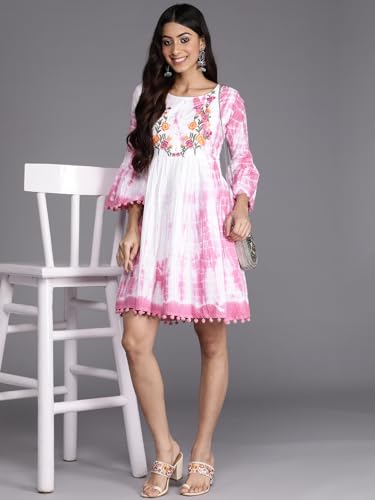 Image of Varanga Women Off White Shibori Printed Dress with Embroidered Yoke