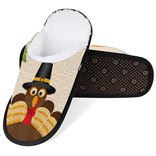 Thanksgiving Turkey Fall Leaves Travel Plush Slipper for Women Men, Turkey Oil Painting Warm Shoes Non-slip Cotton Plush Shoes Indoor Winter Slippers Soft Memory Foam Slipper with Faux Fur Lining2