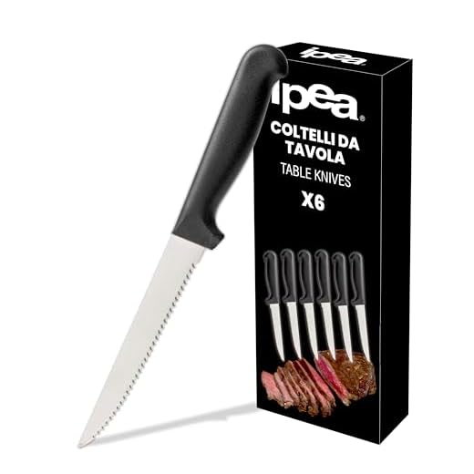 IPEA Coltelli da Tavola per Bistecca e Carne - Set da 6 - Coltello Affilati con Lama Seghettatata in Acciaio Inox per Tagliare Carne e Alimenti a Pranzo e Cena - Posate - Coltelli per Casa e Cucina