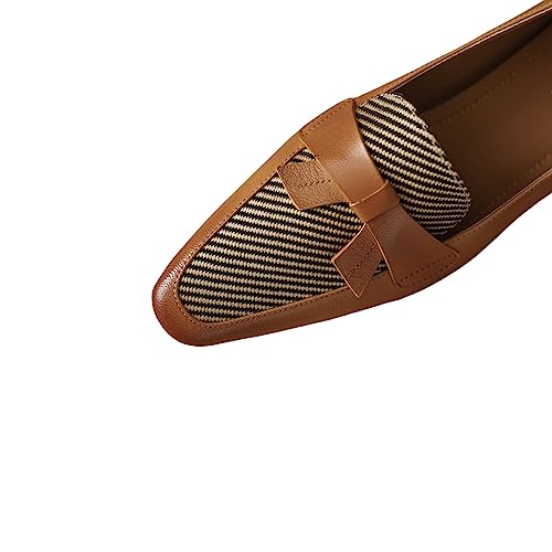 Image of TinaCus Women's Round Toe Genuine Leather & Stripe Fabric Handmade Bowknot Low Chunky Heels Loafers Shoes