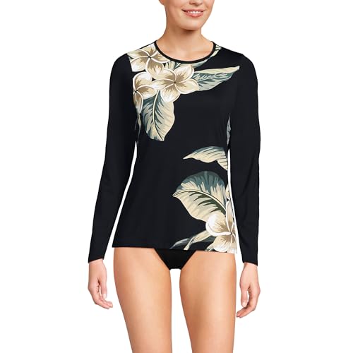 Lands' End Women's Sunshade UPF 50 Long Sleeve Relaxed Rash Guard XX-Small Petite Black Plumeria Placement