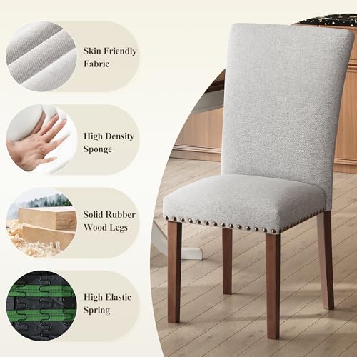 Image of COLAMY Parsons Dining Chairs Set of 6, Upholstered Fabric Dining Room Kitchen Chair with Nailhead Trim and Wood Legs - Light Grey