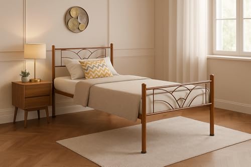 Image of Zyra Metal Single Size Bed Without Storage | Wrought Iron Single Bed with Headboard & Footboard| Sturdy Powder Coated Platform Cot for Bedroom, Living Room, (Zyra Brown)