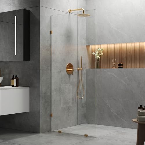 Image of DeerValley 34 inchx74 inch Shower Glass Panel, 5 /16'' (8mm) Thick Fixed Glass Shower Panel, Frameless Shower Screen for Walk in Shower, Tempered Glass Half Door with Stainless Steel Clamps (Gold)